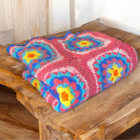 Other - Truly VINTAGE crochet throw blanket colorful pink blue yellow 53 x 64